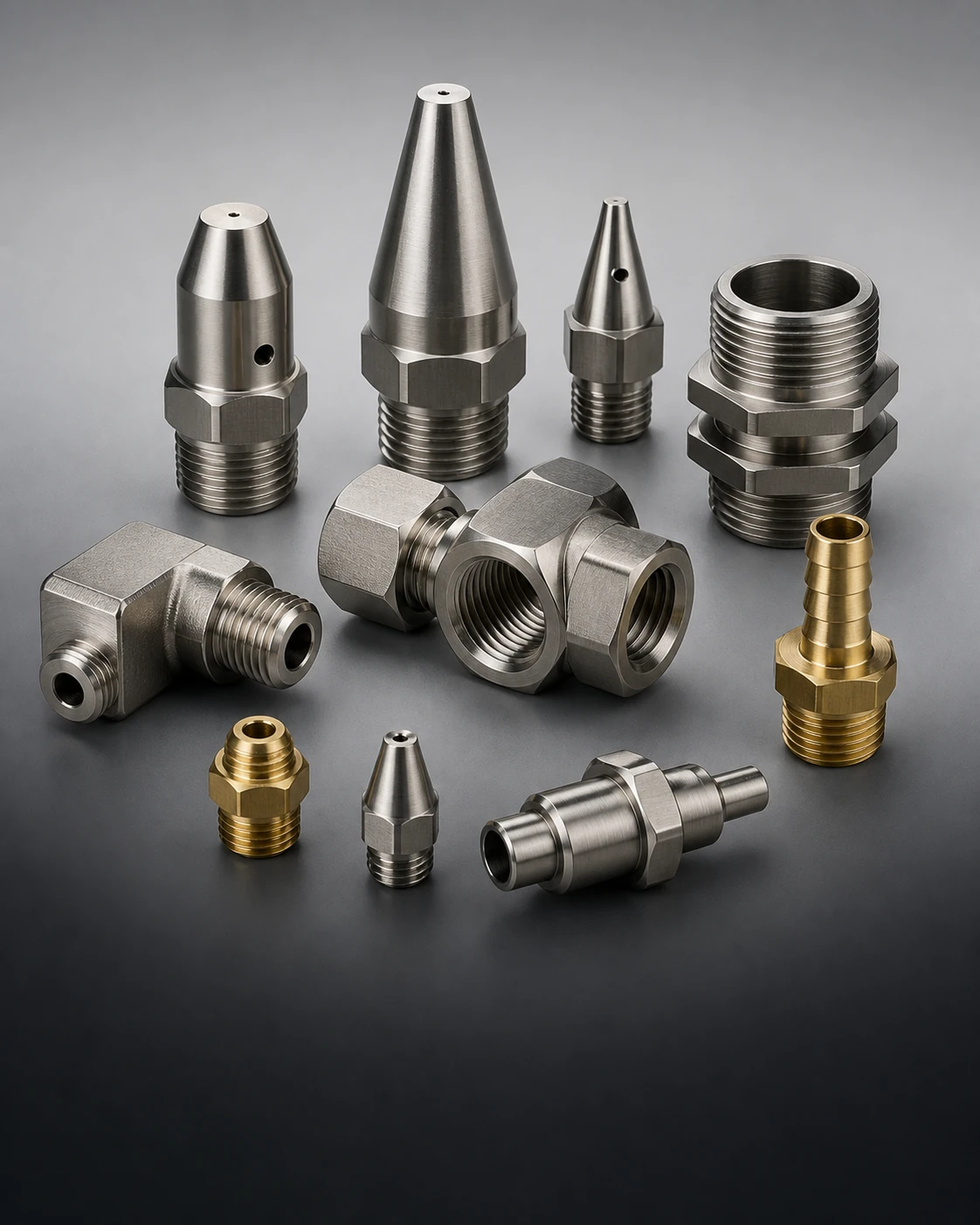 Swiss machined nozzles and precision fittings