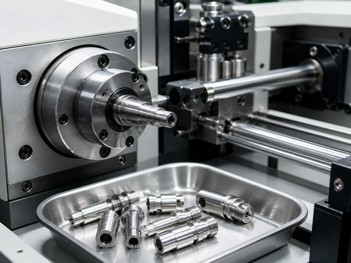 Swiss machined precision parts in production tray