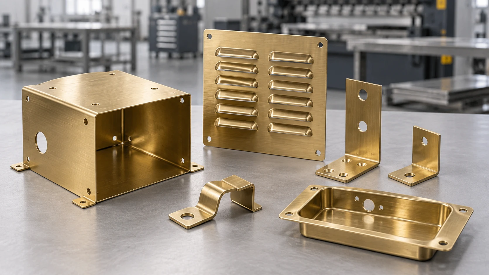 Precision brass sheet metal fabrication parts including a bent enclosure, brackets, louvers and a stamped housing