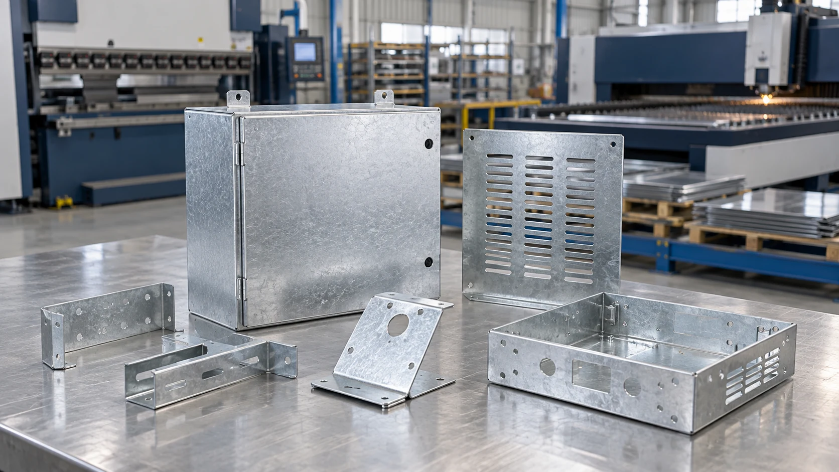 Galvanized sheet metal sheets fabricated into enclosures, brackets and vented panels