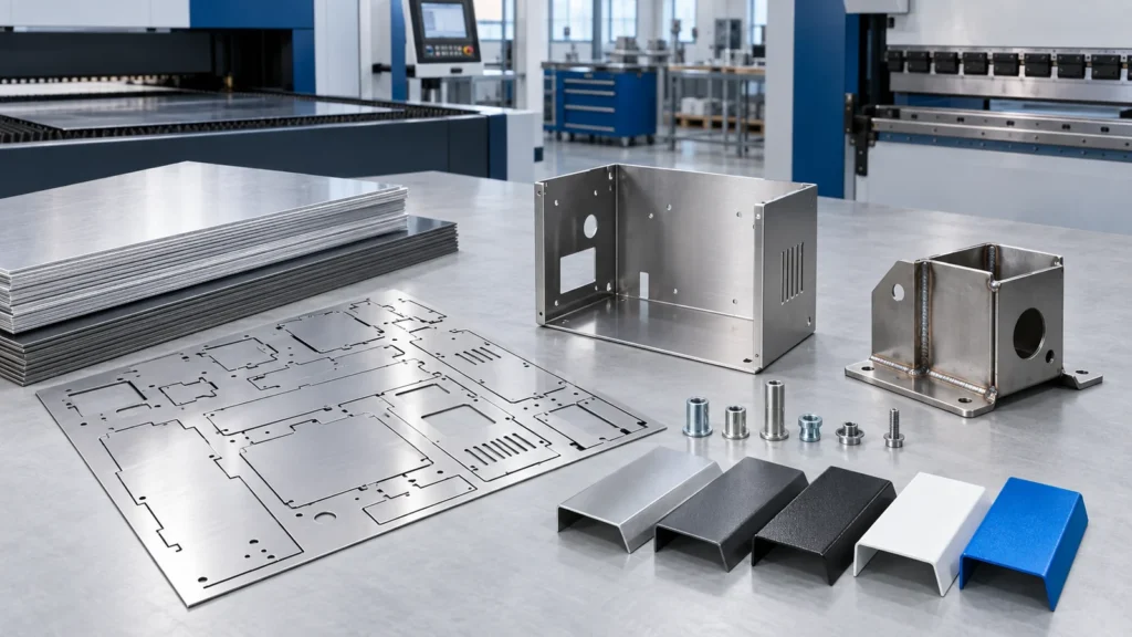 Sheet metal fabrication cost drivers including laser-cut blanks, bent enclosures, hardware and finishes