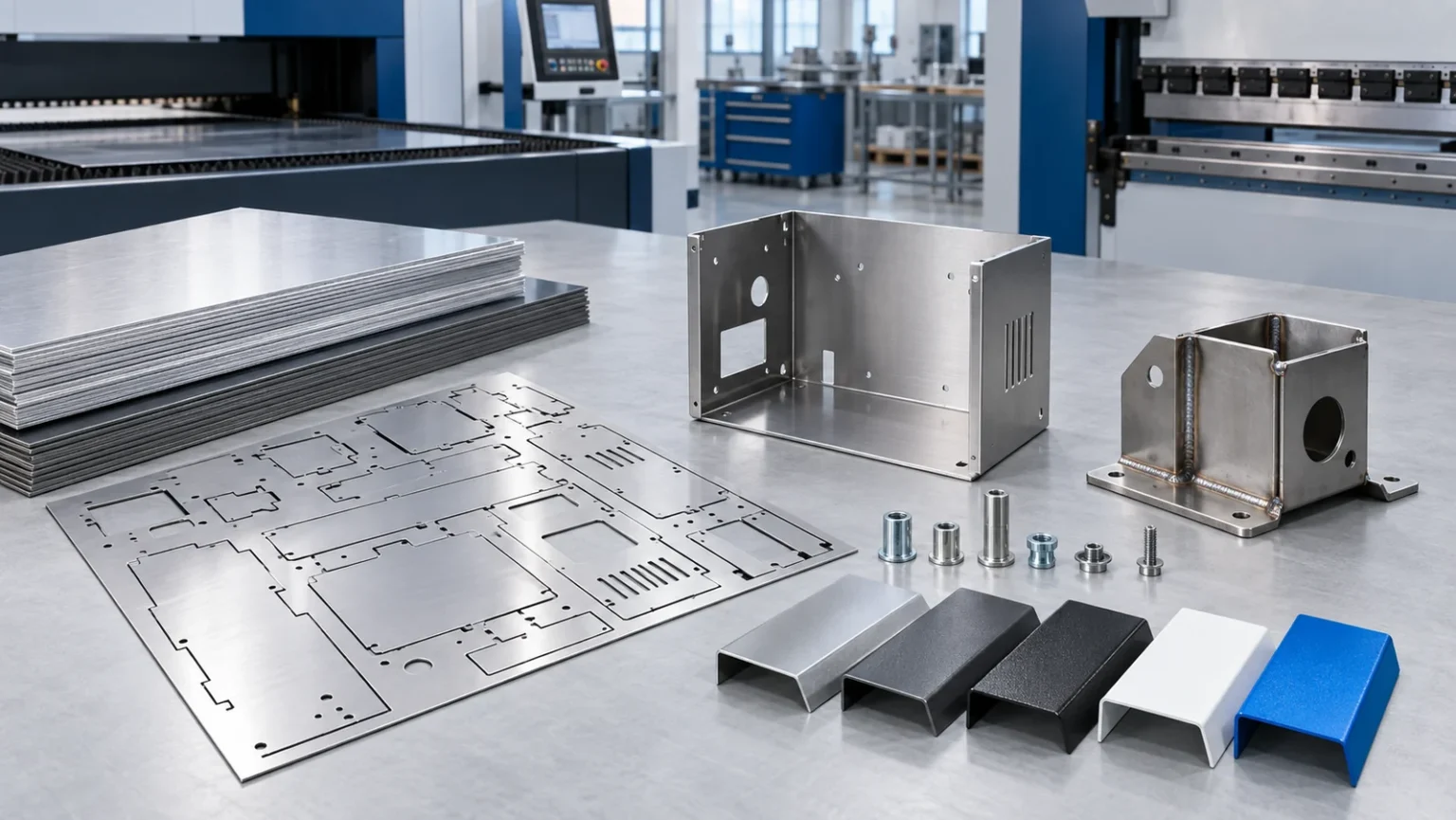 Sheet metal fabrication cost drivers including laser-cut blanks, bent enclosures, hardware and finishes