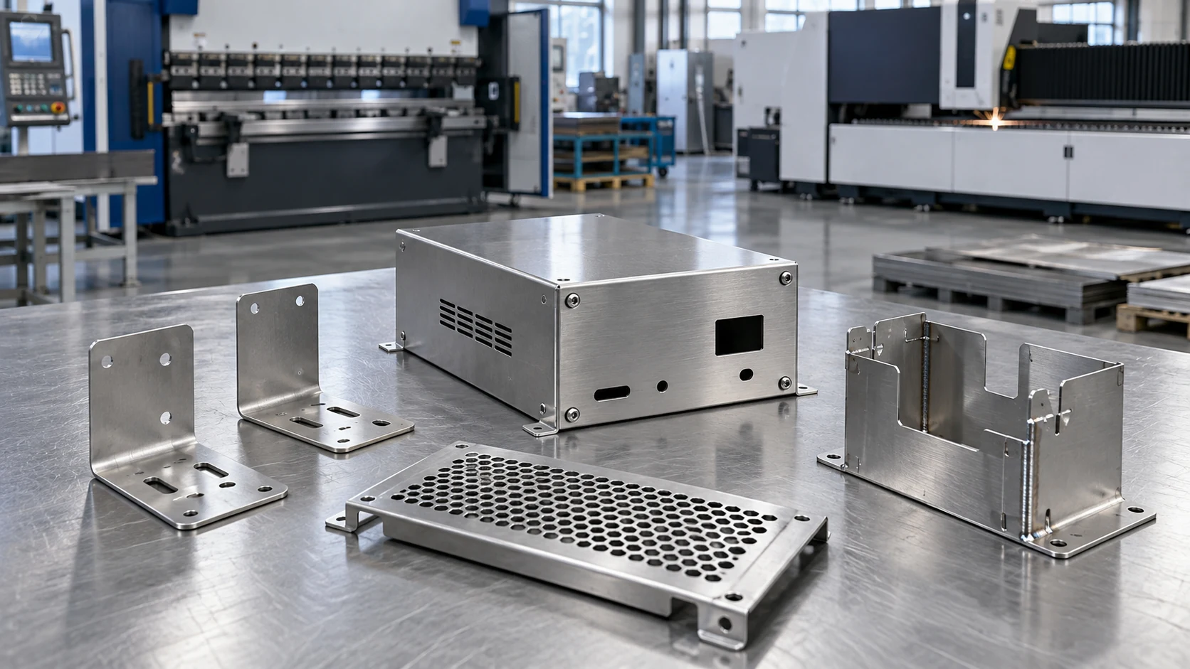 Precision stainless steel sheet metal fabrication parts including a formed enclosure, brackets, a vented panel and a welded assembly