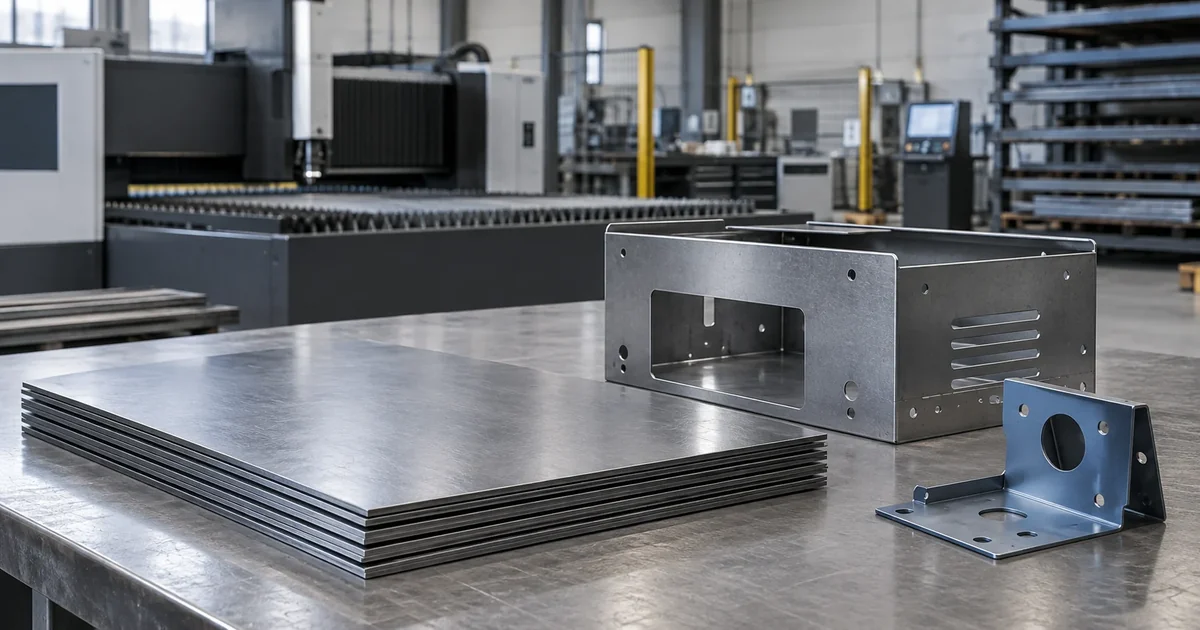 Steel sheet stock with a fabricated enclosure and precision steel bracket in a sheet metal workshop