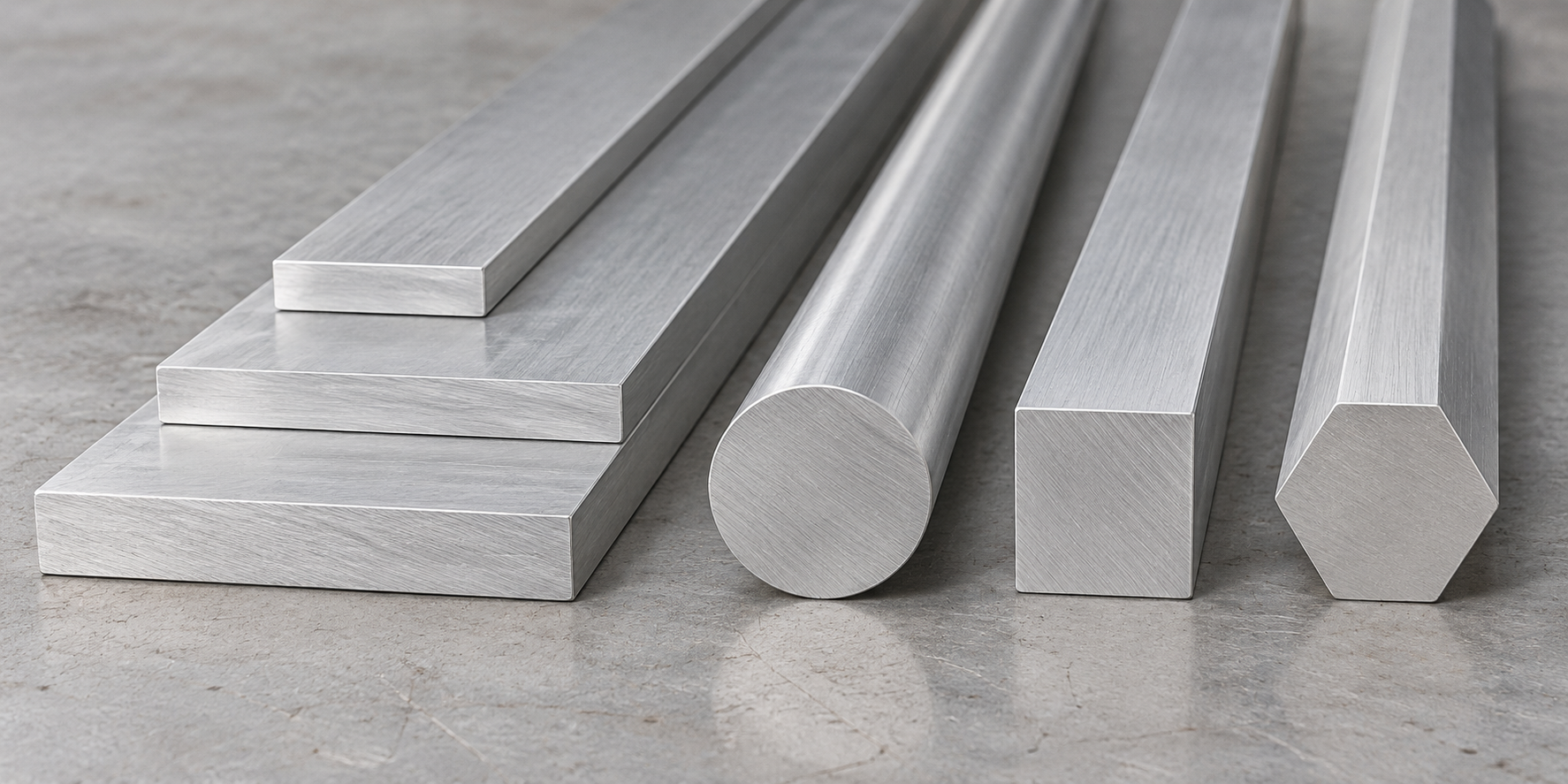 Illustrative aluminum bar stock profiles: flat, round, square and hex