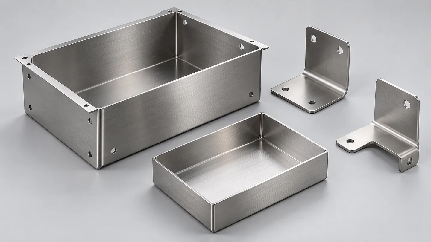 Illustration of stainless steel metal fabrication: brushed enclosure, bent brackets and welded tray