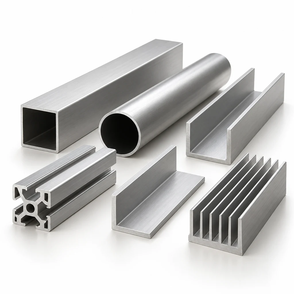 Original illustration of custom aluminum extrusion profiles, including hollow tubes, channels and a heat sink