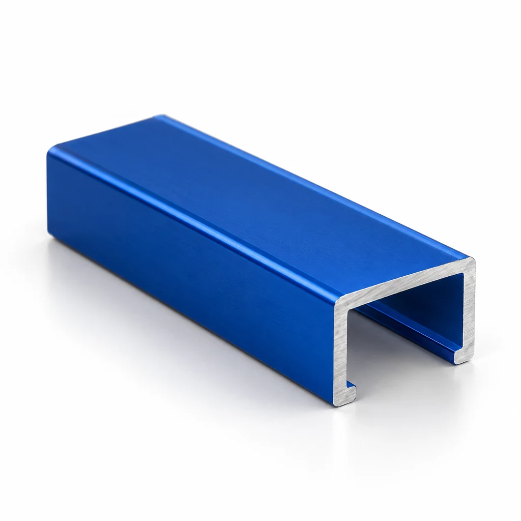 Original illustration of a blue anodized aluminum extrusion channel
