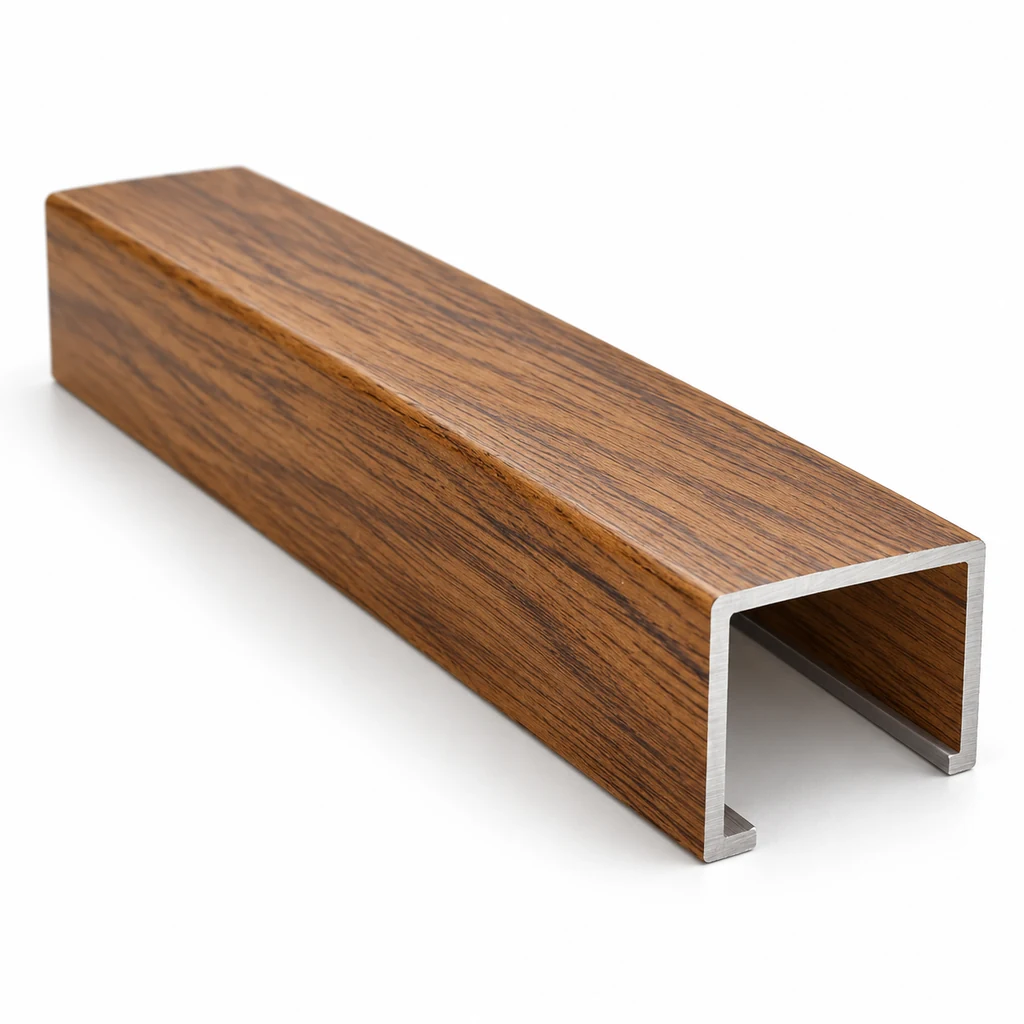 Original illustration of an aluminum extrusion channel with a wood-grain decorative finish